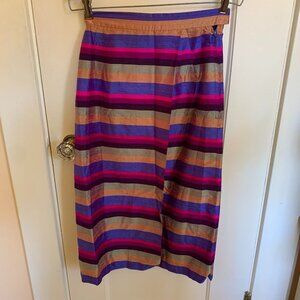VTG Stripe Midi Skirt Sz XS Dupioni Silk Multicolor Stripes Handmade Faux Wrap